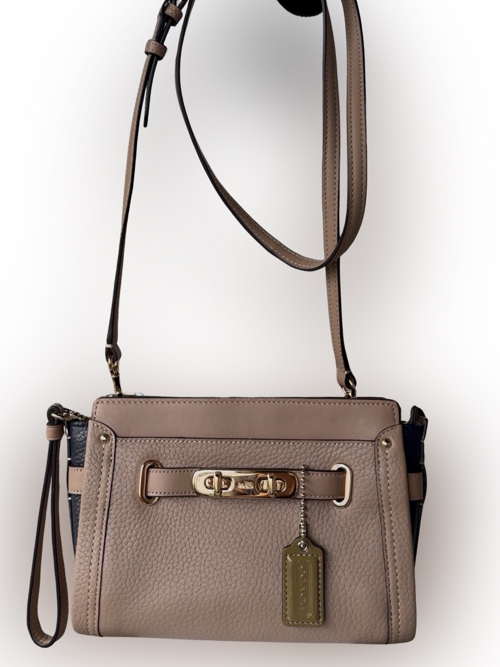 Coach Swagger Wristlet Crossbody Bag – Tan Navy Olive Pebbled Leather 53107